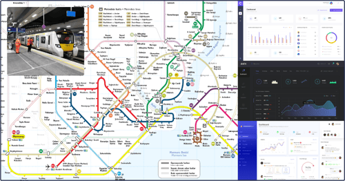 Transit service routes, data dashboards, and live camera footage as example visuals for traffic control center display