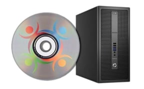 CD with Userful Logo on it alongside a Hewlett-Packard PC tower