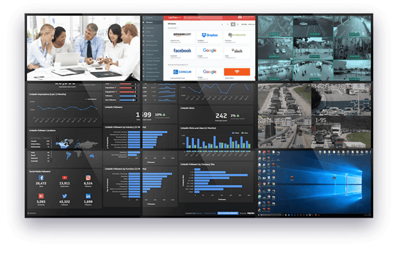 6 screen video wall displaying data dashboards and screen sharing