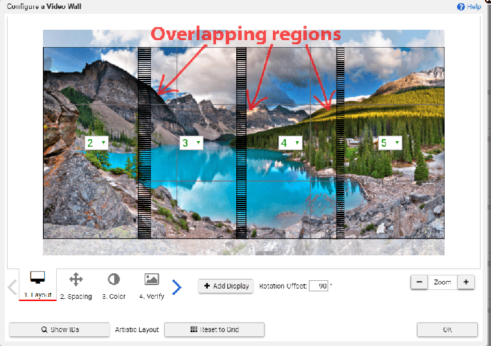 Overlapping regions of a photo highlighted on the Userful video wall configurator interface