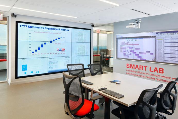 Empty Suffolk Smart Lab meeting room with table, chairs and video walls displaying various documents, data and KPI dashboards