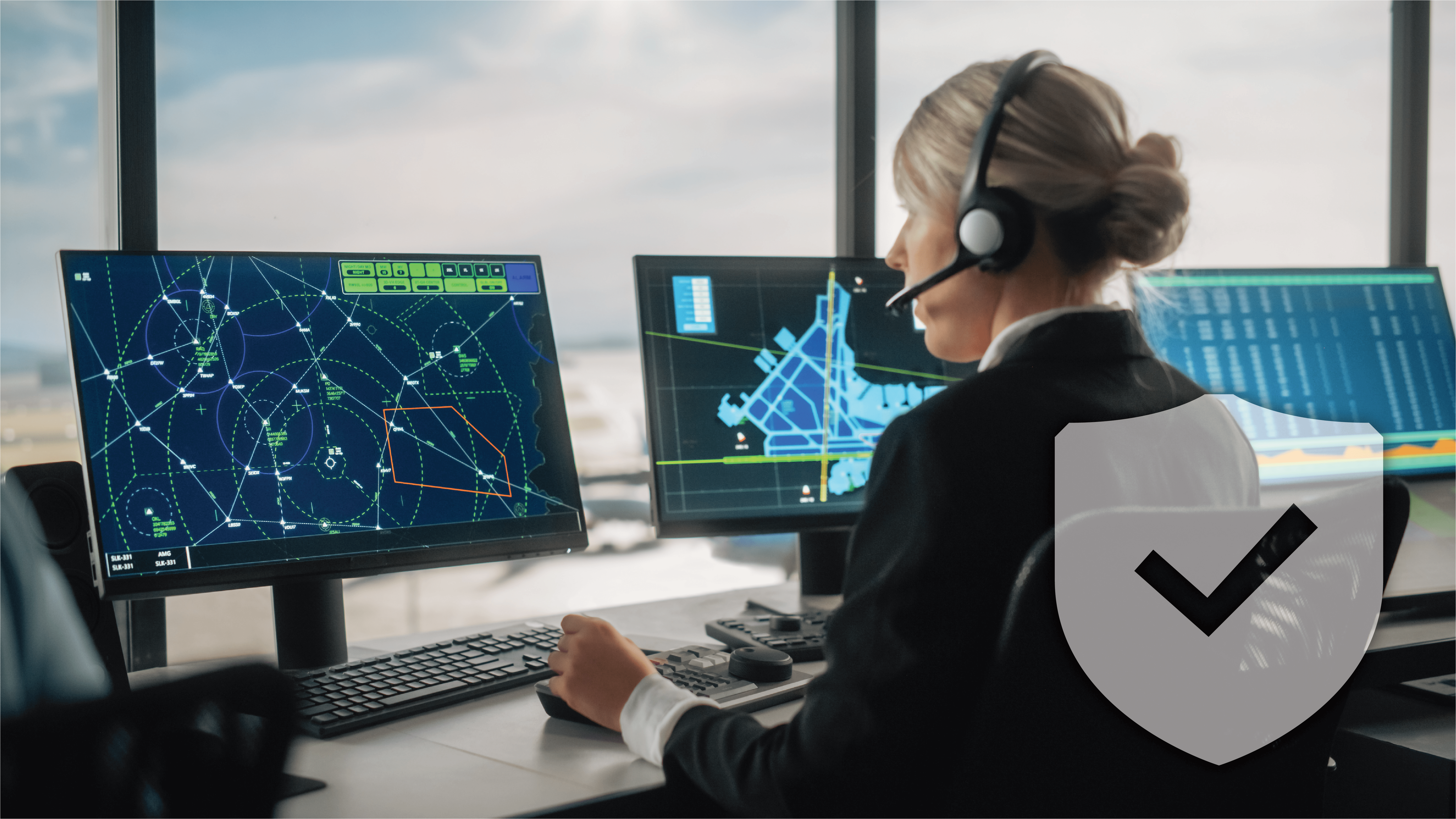 "A female air traffic controller wearing a headset monitors multiple radar and airport layout screens in a control tower. She is using a joystick and keyboard, overseeing aircraft flight paths and airport operations. A transparent shield icon with a check mark overlay symbolizes security and system reliability."