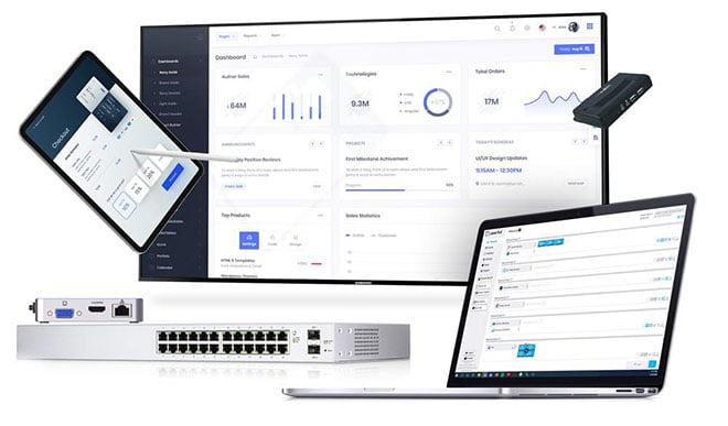 Tablet, laptop, and TV displaying Userful visual networking software with network switches.