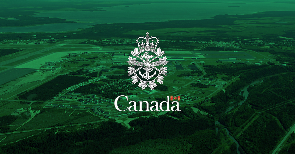 White Canadian Armed Forces Logo, centered on a green overlaid photo of a base