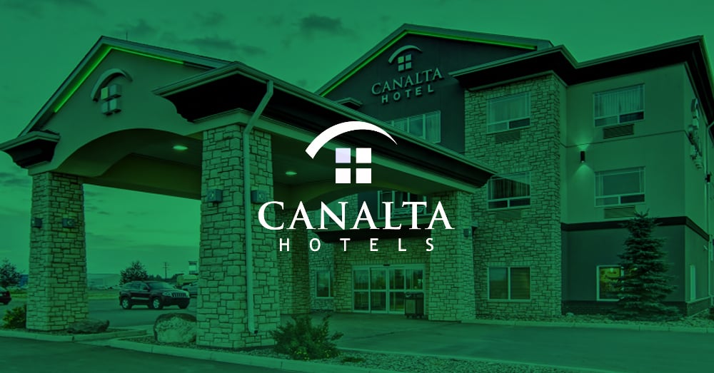 Photo of a Canalta Hotel, with a green transparent overlay, and Canalta Hotels Logo in white centered in the middle