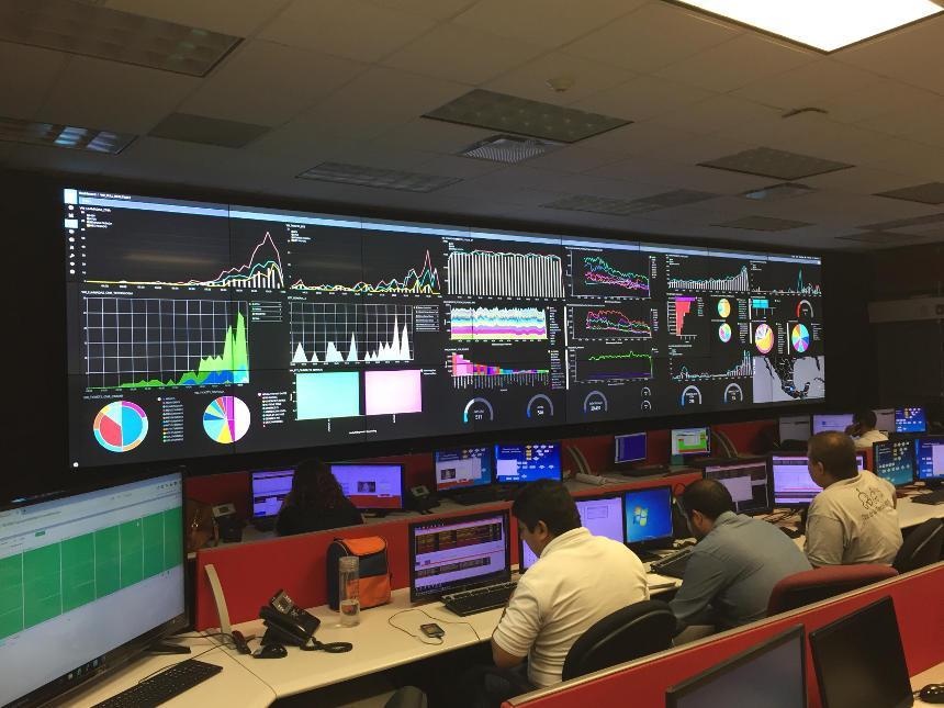 People sitting at computers with a large video wall displaying various data metrics in front of them.