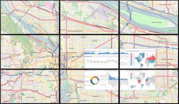 9 panel video wall displaying a map with routes, and a picture-in-picture data dashboard