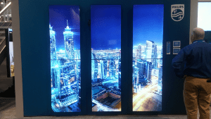 6 panel video wall from Philips displaying a city downtown at night