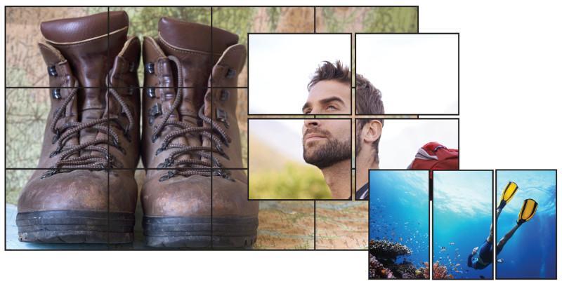 Big video wall, displaying a photo of boots in the woods, medium video wall, displaying a man face while hiking, small video wall displaying a person scuba diving
