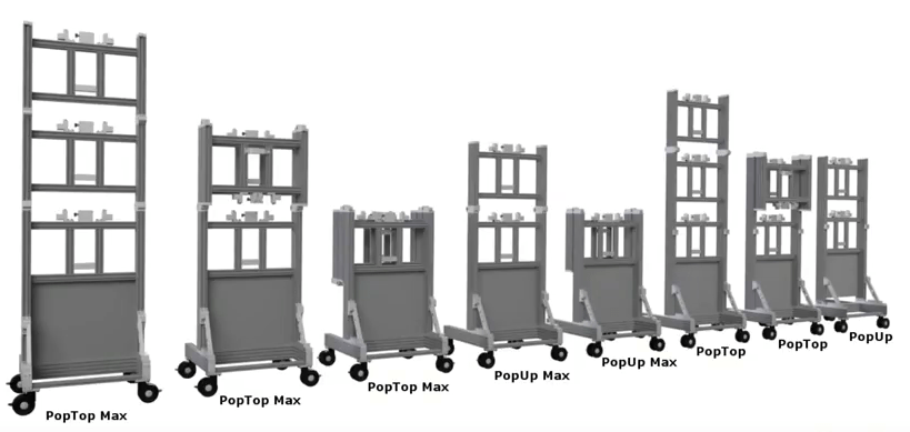 8 different portable modular video mall mounts, which include 3 PopTop Max, 2 PopUp Max, 2 PopTop, 1 PopUp
