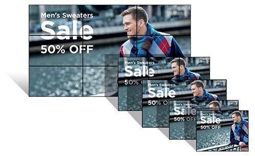 A 3 by 3 video wall behind a smaller 3 by 3 video wall, behind 3 screens that are each smaller than the last, all displaying an ad for a men's sweater sale at 50% off