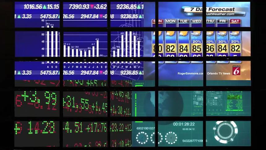 5 by 5 panel video wall displaying stock graphs, weather forecasts, and data dashboards