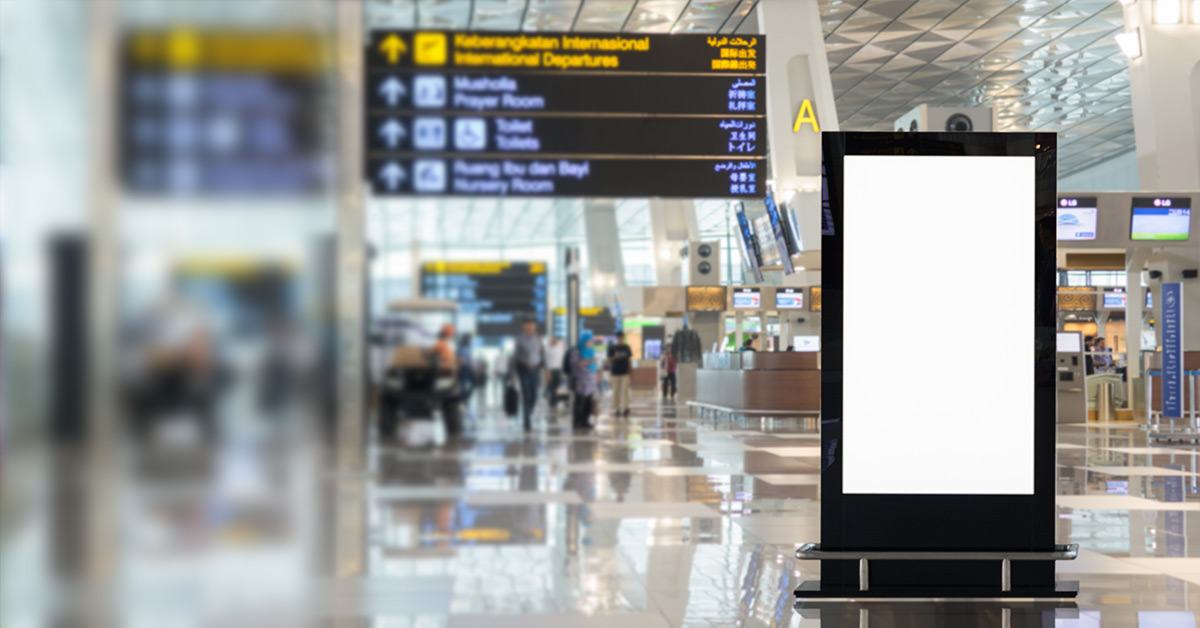 A blank video wall inside of an airport