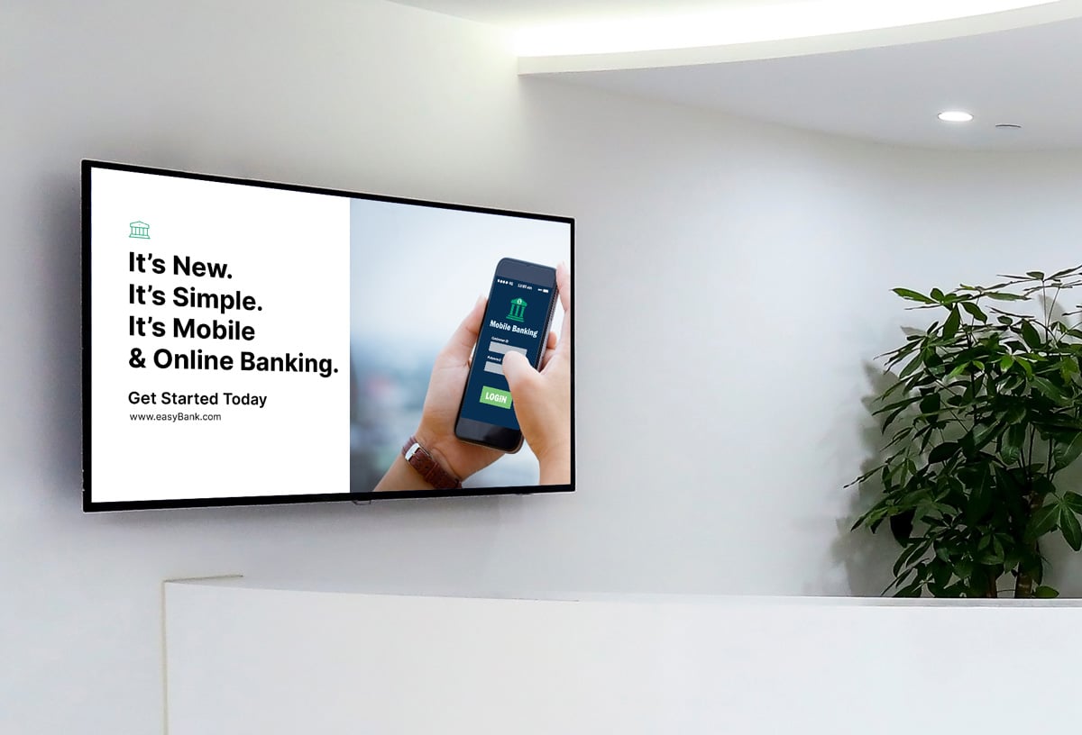 banking ad on screen at front desk