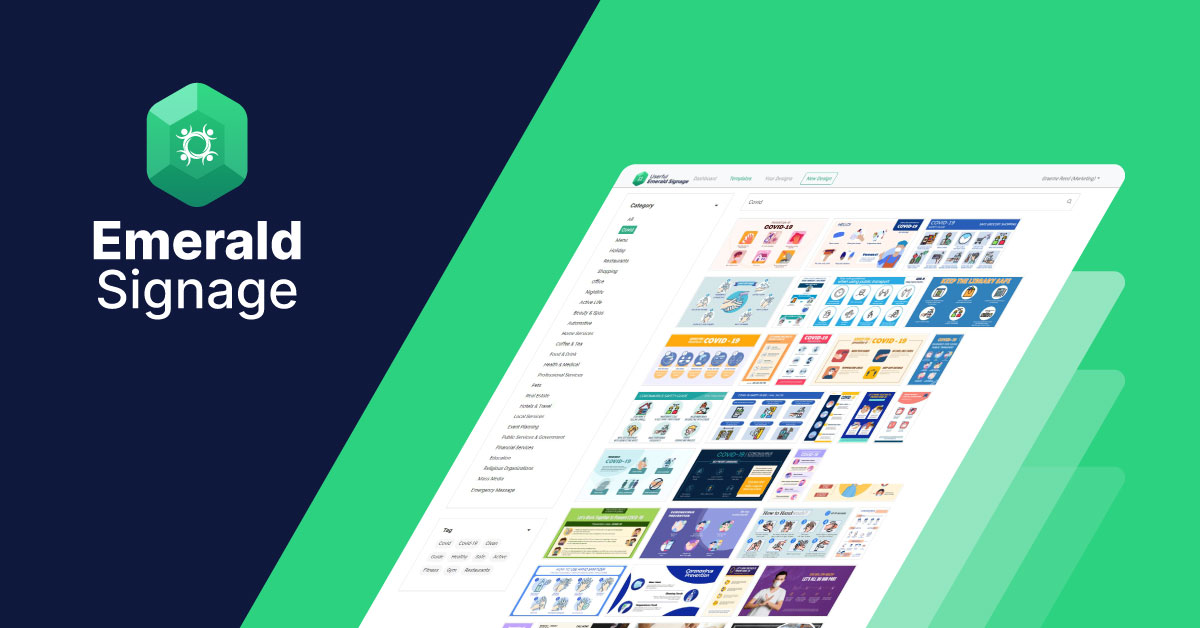 Emerald Signage Logo and user interface displaying infographics