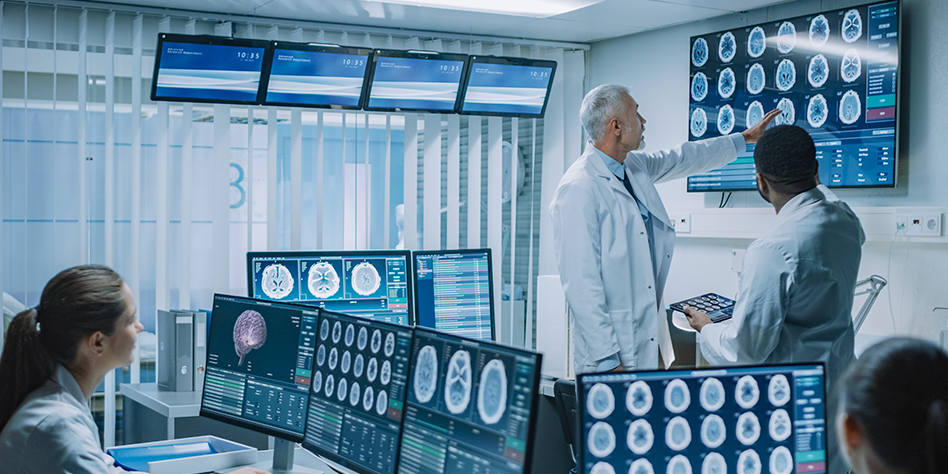 Operation Center with many screens showing driffrent healthcare information, and doctors making medical decisions