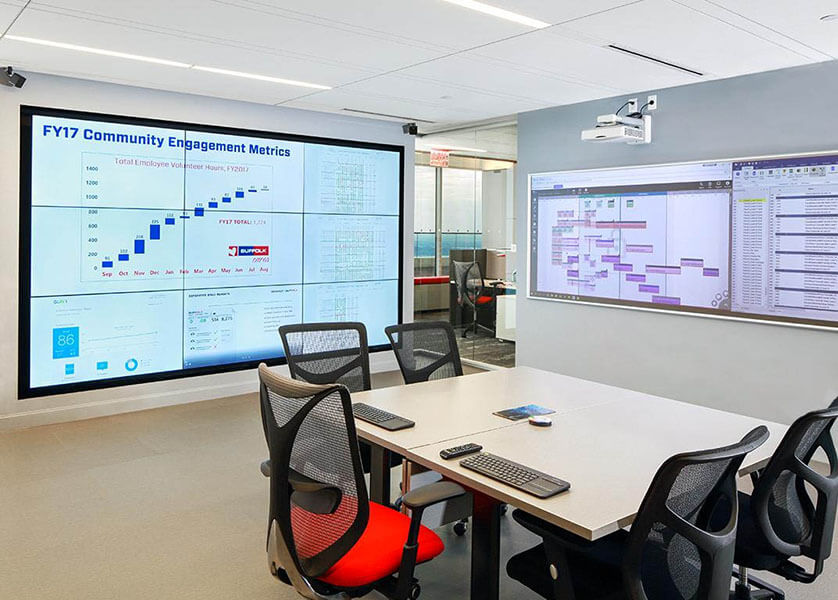 Empty Suffolk Smart Lab meeting room with table, chairs and video walls displaying various documents and data dashboards