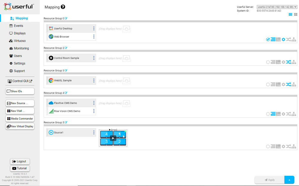 Userful Manager Mapping interface, with different resource groups, including one with a video wall